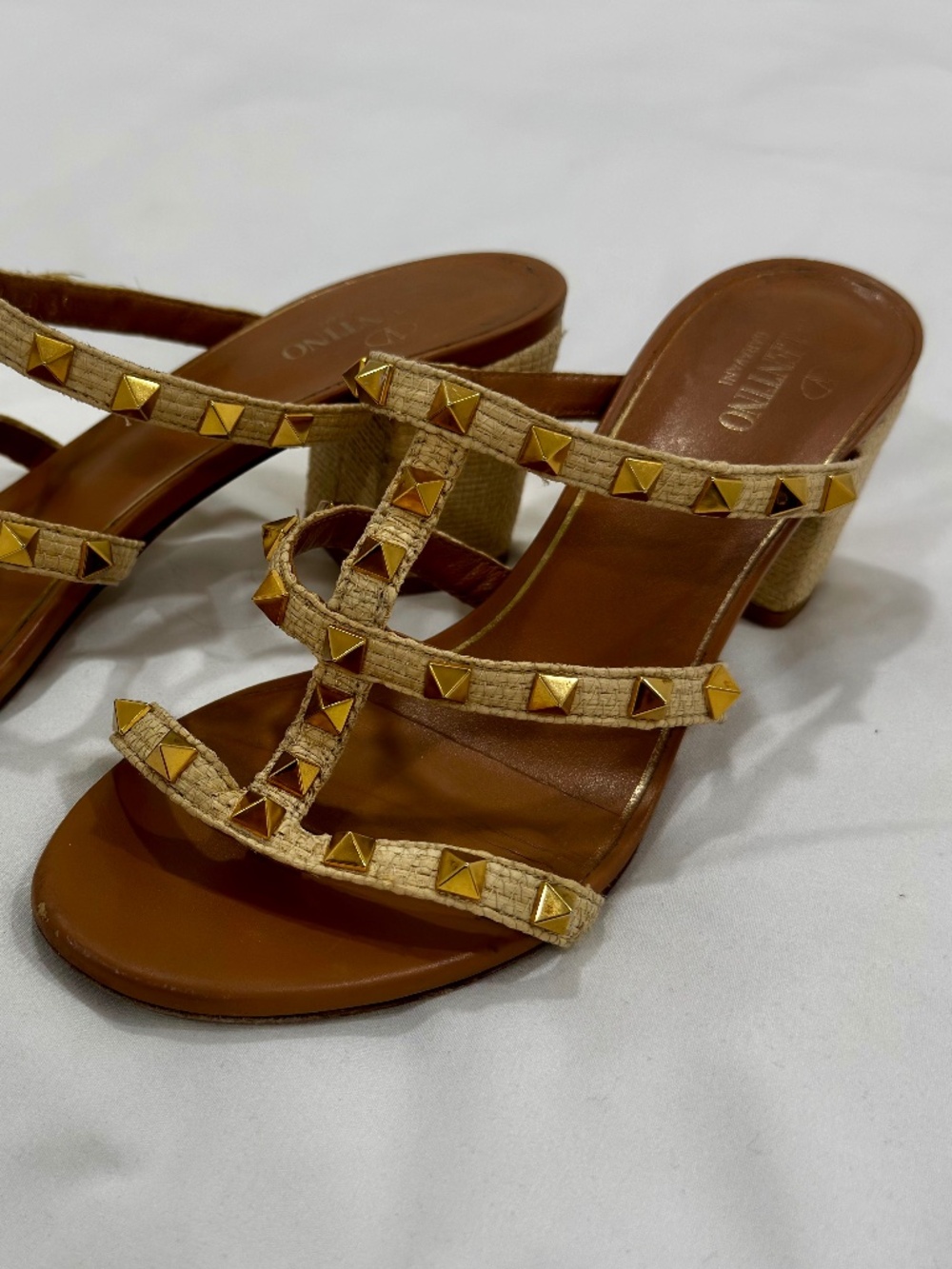 Valentino Rockstud Raffia Slide Sandal Gold Studs with 60mm Block Heel